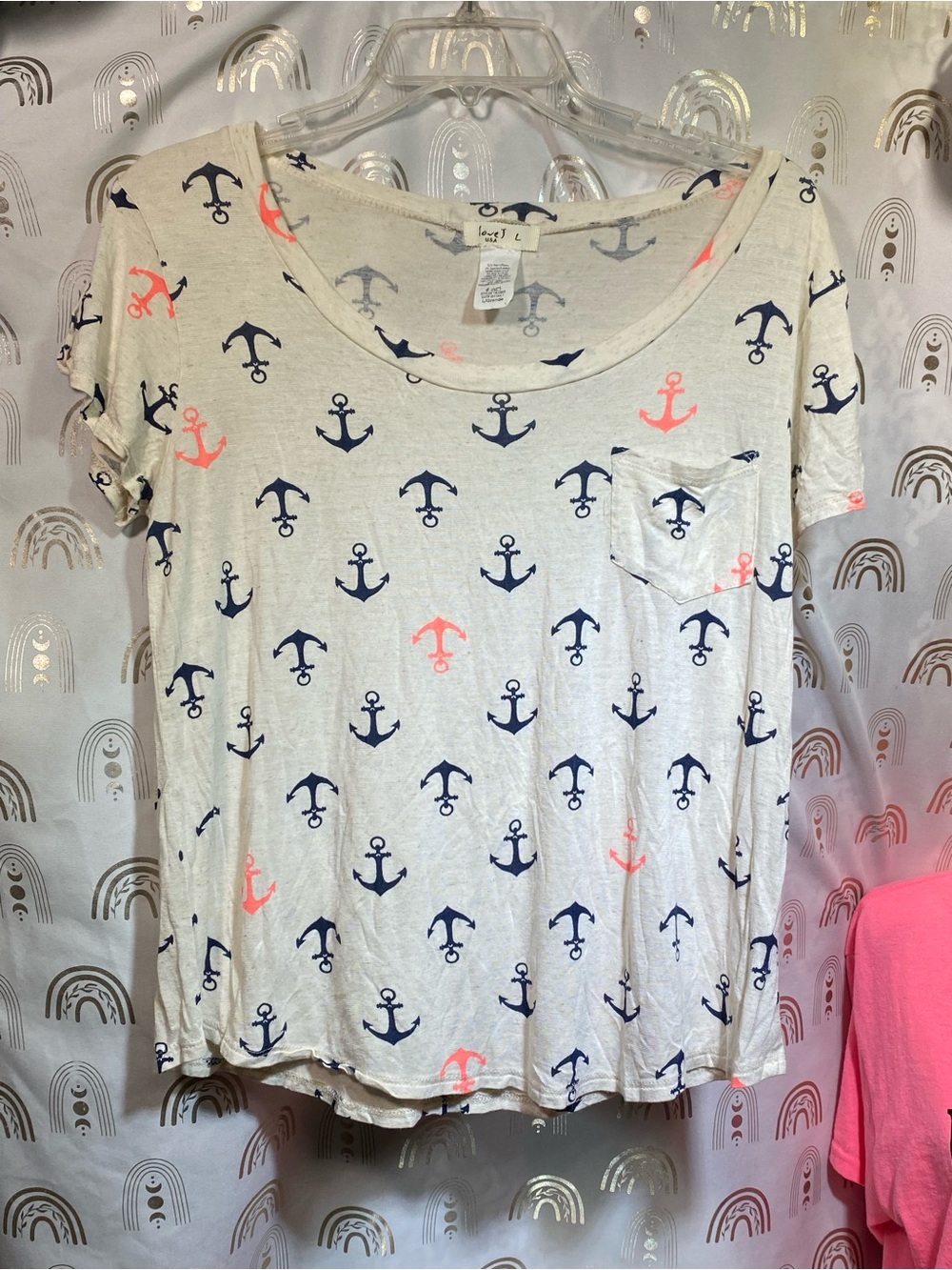 Vintage love J Cream Short-Sleeve Anchor Pocket Tee with Navy & Coral Anchors